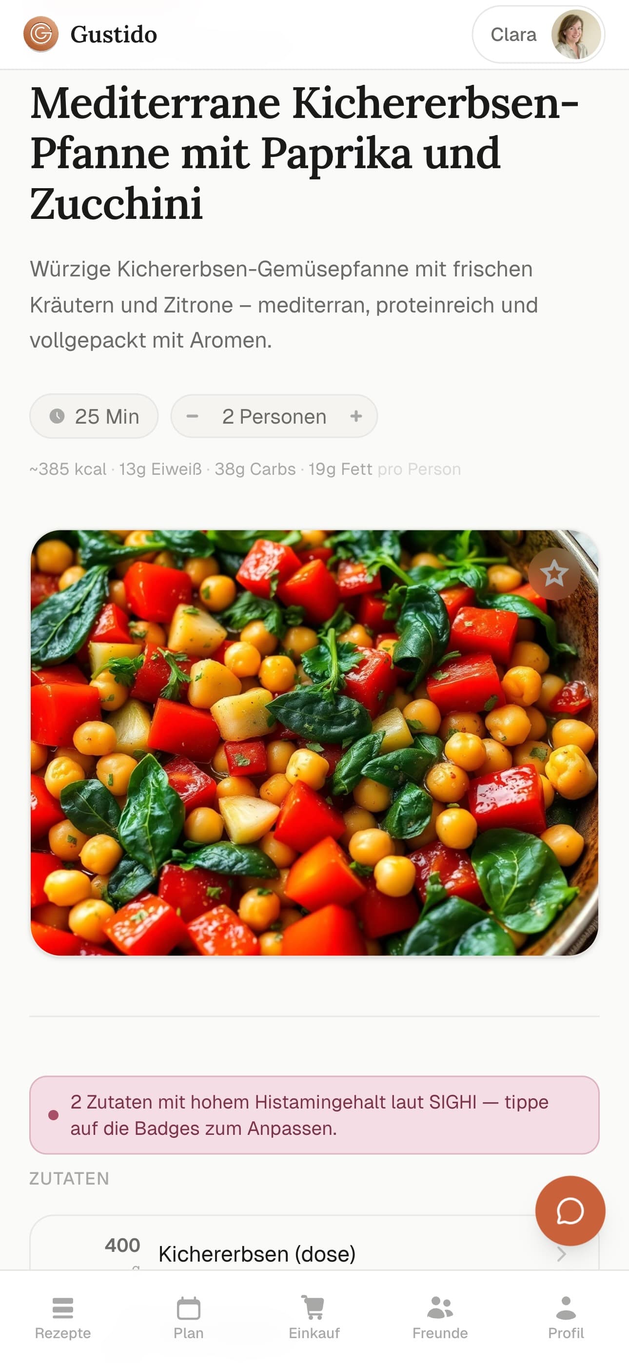 Gustido-App: Rezeptansicht mit Ampel-Badges für Zutaten