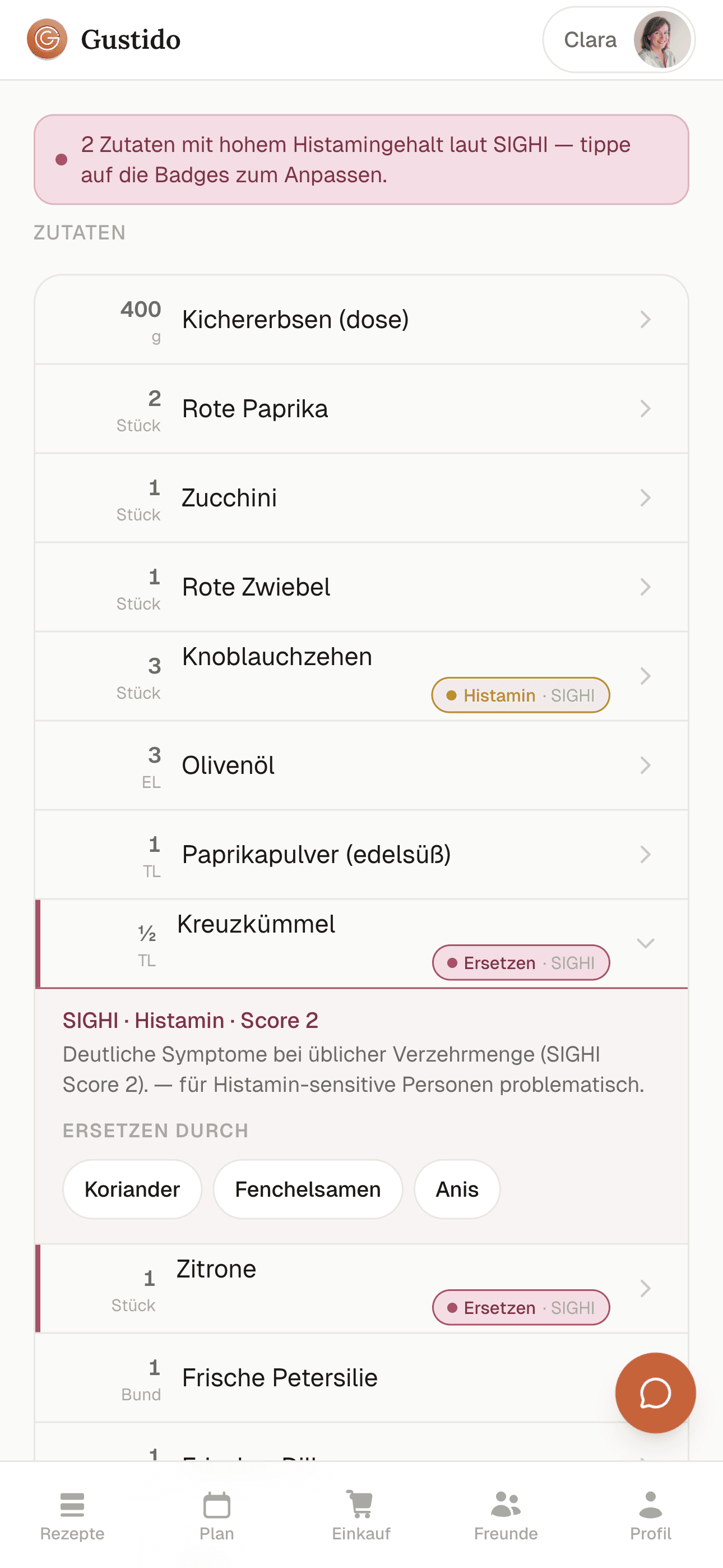 Gustido-App: Vorschlag für eine verträgliche Zutaten-Alternative